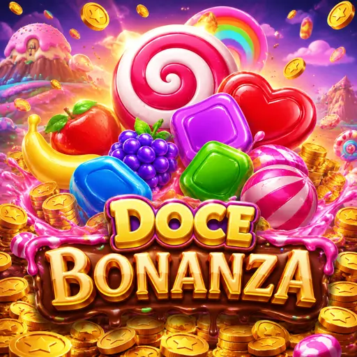 Capa do Sweet Bonanza com doces gelatinosos e frutas em terra de açúcar